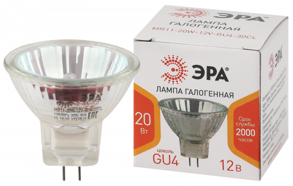 Лампа галогенная GU4-MR11-20W-12V-30CL  ЭРА (галоген, софит, 20Вт, нейтр,GU4)