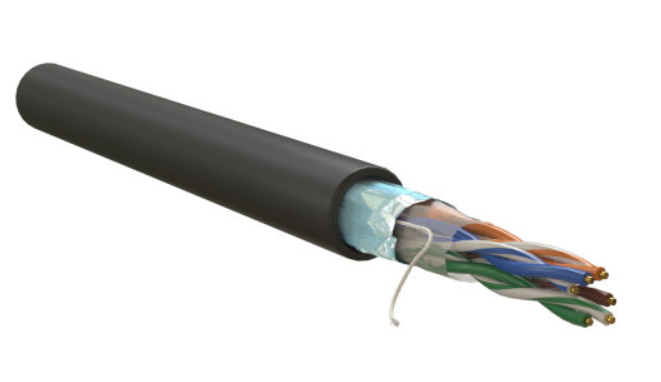 Кабель витая пара экранированная F/UTP, категория 5e, 4 пары (24 AWG), одножильный, внешний, PE, черный, 305 м WRLine