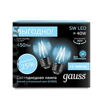 Светодиодная лампа Gauss G45  5Вт 220В 4100К E27 филамент.