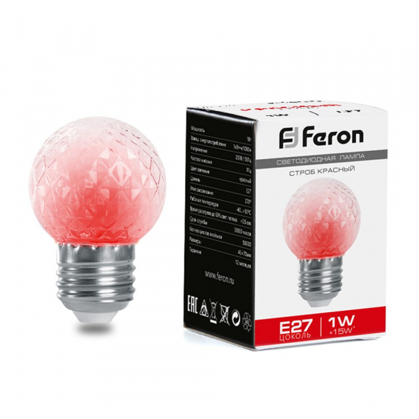 Feron Лампа-строб, (1W) 230V E27 красный G45 , LB-377