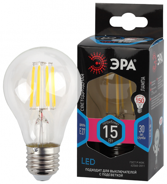 ЭРА F-LED A60-15W-840-E27 ЭРА (филамент, груша, 15Вт, тепл, Е27)