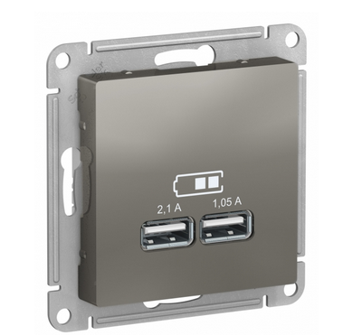 AtlasDesign Сталь  Розетка USB, 5В, 1 порт x 2,1 А, 2 порта х 1,05 А, механизм ATN000933