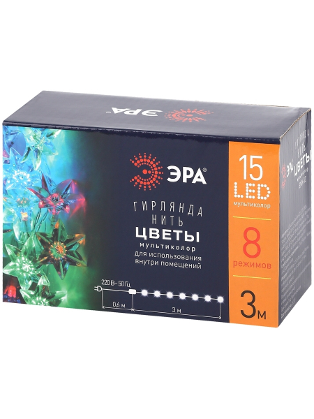 Гирлянда  Нить  Цветы  внутренняя  IP20  3 м, 8 режимов, мультиколор, провод прозрачный, 220V,  ЭРА Б0041896