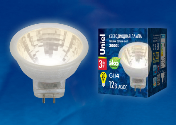 LED-MR11-3W/WW/GU4 GLZ21TR Лампа светодиодная, 12V. Прозрачная. Теплый белый свет (3000K). Картон. ТМ Uniel.