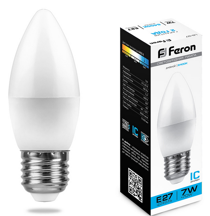 Светодиодная лампа Feron C37 7Вт 230В 6400K E27