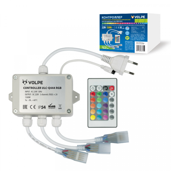 Uniel ULC-Q444 RGB WHITE Контроллер для управления светодиодными RGB ULS-5050 лентами 220В, 3 выхода, 1440Вт, с пультом ДУ ИК.