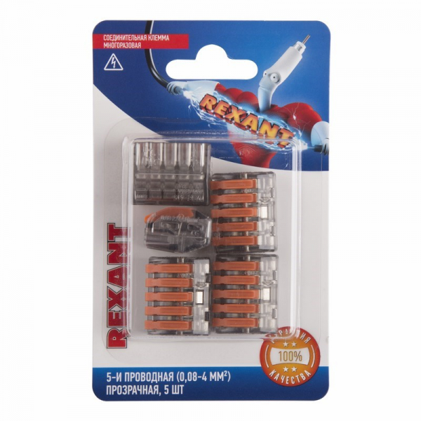 REXANT Клемма соед. многоразовая, 5-проводная прозрачная (0,08-4 мм2) (5шт.) 06-0205-B5 06-0205-B5
