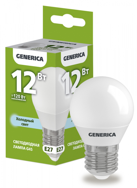 Лампа LED G45 шар 12Вт 230В 6500К E27 GENERICA