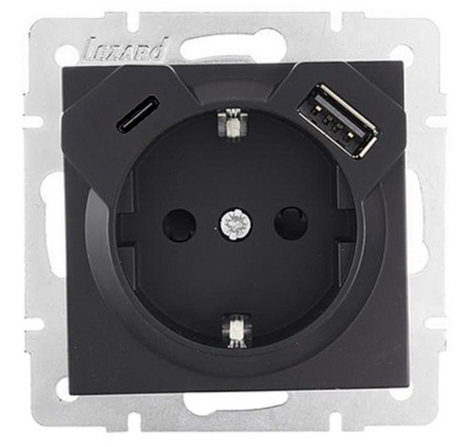 Lezard VESNA  Розетка с/з TC+USB разъём чёрный бархат  742-4288-181TC