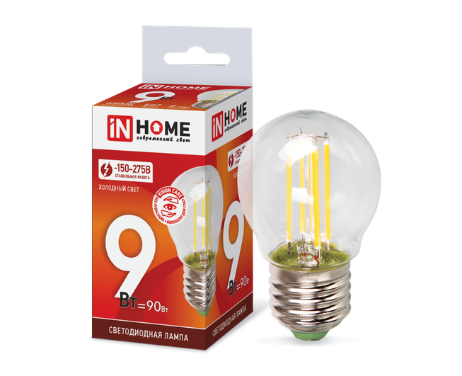 Светодиодная лампа IN HOME LED-ШАР-deco 9Вт 230В Е27 6500К 810Лм прозрачная