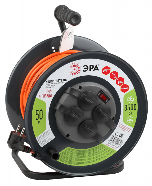 Удлинитель силовой ЭРА RMx-4es-3x1.5-50m-IP44 на м. катушке c/з 4 гн 50м ПВС 3х1.5