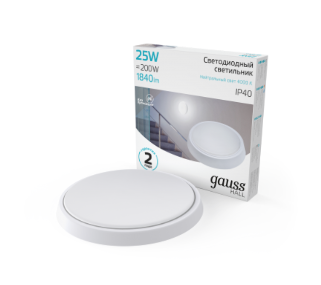 Светильник ЖКХ Gauss  IP40   25W 1840lm 4000K 200-240V IP40 D210*35мм белый LED  HALL круг ЖКХ 1/40 LED 1/20
