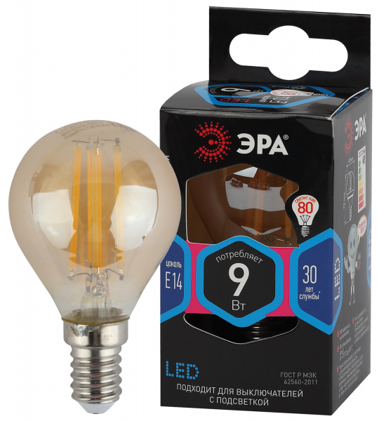 Светодиодная лампа F-LED P45-9W-840-E14 gold ЭРА (филамент, шар золот, 9Вт, нейтр, E14)