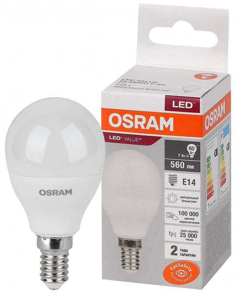 Светодиодная лампа OSRAM P60  7Вт 230В 4000К E14