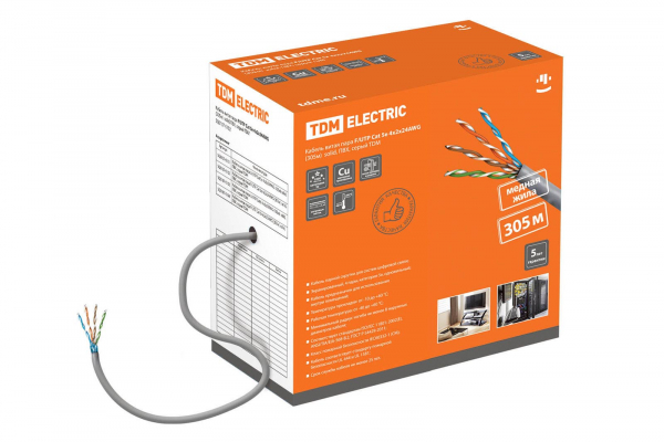 F/UTP кат.5E 4х2х24AWG (305м)  solid, ПВХ, серый  Кабель витая пара TDM