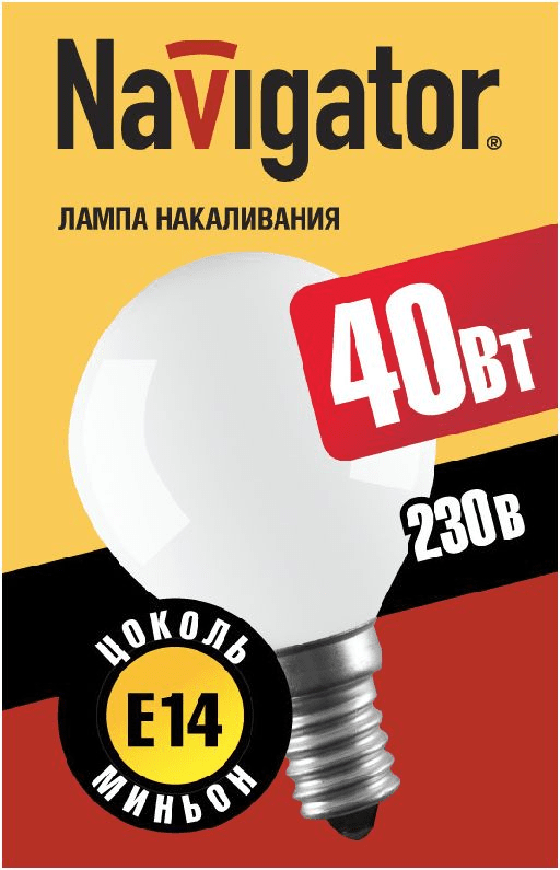 Стандартная лампа накаливания  Navigator  С45  40Вт  230В  E14 (кратно 10)