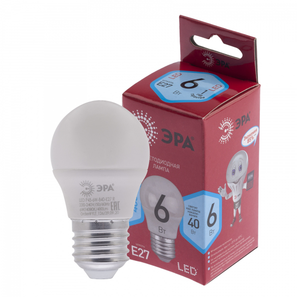 LED P45-6W-840-E27 R ЭРА (диод, шар, 6Вт, нейтр, E27)
