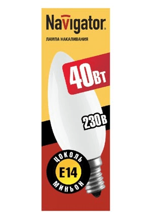 Стандартная лампа накаливания  Navigator  В35  40Вт  230В  E14