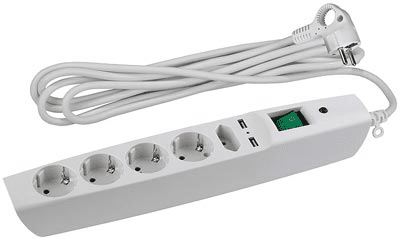 Сетевой фильтр  5 гнезд + 2 xUSB,  2 метра с заземляющими контактами, 3x1мм2, со шторками, с выключателем белый SFU-5es-2m-W  ЭРА