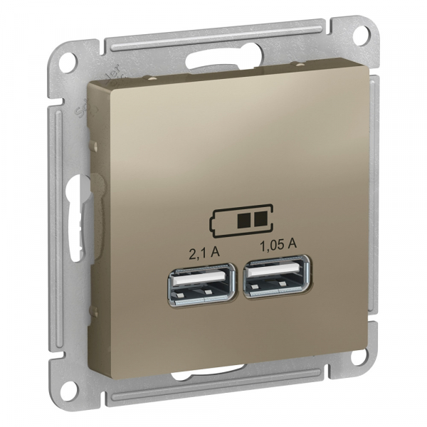 AtlasDesign Шампань  Розетка USB, 5В, 1 порт x 2,1 А, 2 порта х 1,05 А, механизм ATN000533