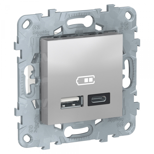 NU501830 UNICA NEW РОЗЕТКА USB, 2-местная, тип А+С, 5 В / 2400 мА, АЛЮМИНИЙ