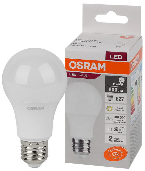 Светодиодная лампа OSRAM A75 10Вт 230В 3000К E27
