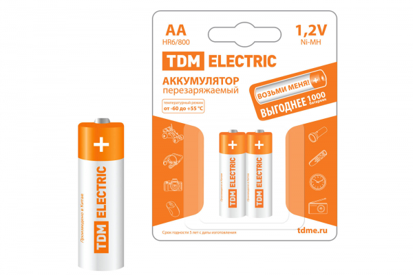Аккумулятор TDM AA-800 mAh Ni-MH BP-2 (кратно 2)