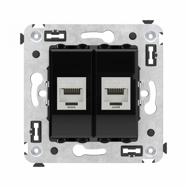 Компьютерная розетка RJ-45 без шторки в стену, кат.6А двойная экранированная, "Avanti", "Черный квадрат"