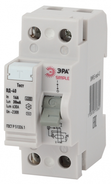 УЗО  2П  40А  300мА SIMPLE-mod-51 ЭРА ВД-40 2P 40А/300мА (электронное)