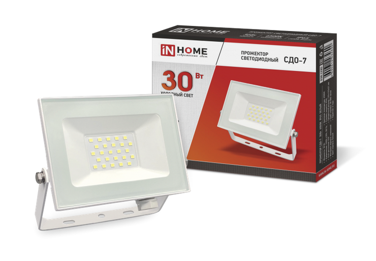 Прожектор светодиодный IN HOME  30Вт  6500К  2400Лм  IP65 230В 133х123х21 белый  СДО-7
