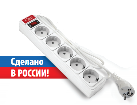 Сетевой фильтр  5 гнезд 1,5 метра с выключателем с заземляющими контактами ПВС 3*0,75 белый Союз (Универсал)