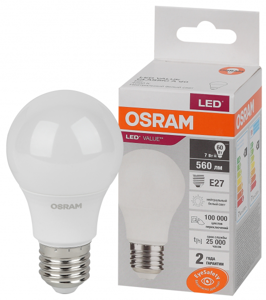 Светодиодная лампа OSRAM A60  7Вт 230В 4000К E27