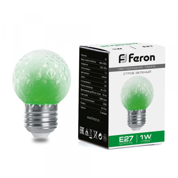 Feron Лампа-строб, (1W) 230V E27 зеленый G45 , LB-377