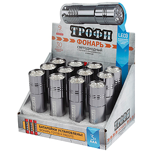 Фонарь светодиодный ТРОФИ TM9-box12  9xLED, алюминий, 3хААА в комплекте