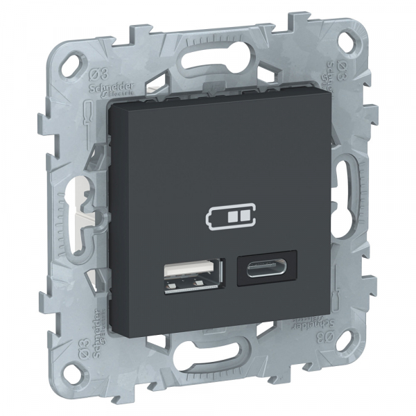 NU501854 UNICA NEW РОЗЕТКА USB, 2-местная, тип А+С, 5 В / 2400 мА, АНТРАЦИТ