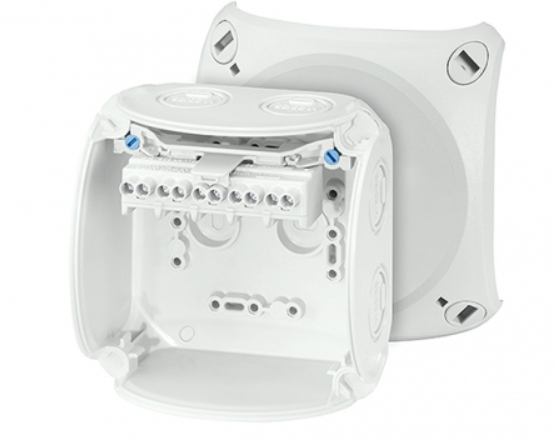 Коробка ответвительная, стойкая KF 0404 G -  к УФ, "всепогодная", IP 66/67, размер 104х104х70, цвет светло-серый, материал поликарбонат, преднамеченные выбиваемые отверстия на 7 вводов М20/M25, 5-полюсный клеммник от 1,5 - 6 (f/sol) мм2, кабельные ввода A