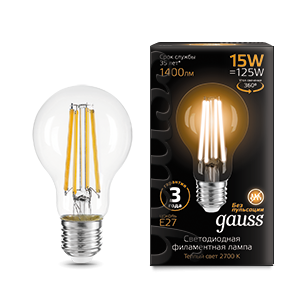 Лампа Gauss Filament А60 15W 1400lm 2700К Е27 LED