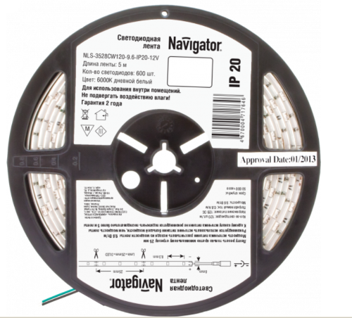 Лента светодиодная Navigator IP20  12V   9.6Вт/м  6000К  71 764 NLS-3528СW120 R5   СД  (1 упаковка- 5 метров) (кратно 5)