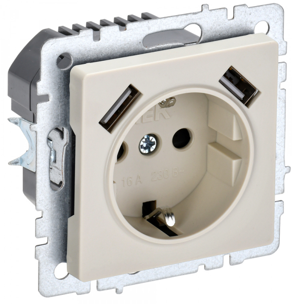 BRITE Роз. с з/к/ш 16А с USB A+A 2,1А РЮш10-1-БрКр беж. IEK