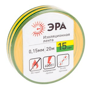 Изолента ПВХ желто-зеленая 15мм 20м ЭРА