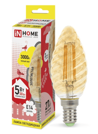 Светодиодная лампа IN HOME С35 5Вт 230В 3000К Е14 филамент.