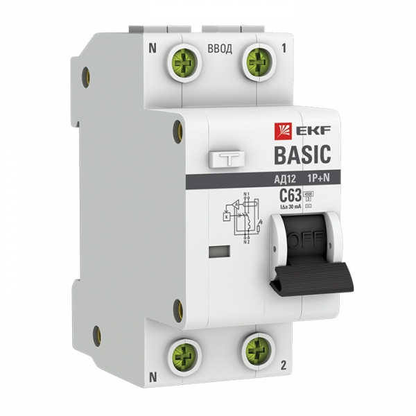 Дифференциальный автомат  1П+N  63А  30мА  EKF  Basic  тип АС характеристика C электронный 4,5кА АД-12