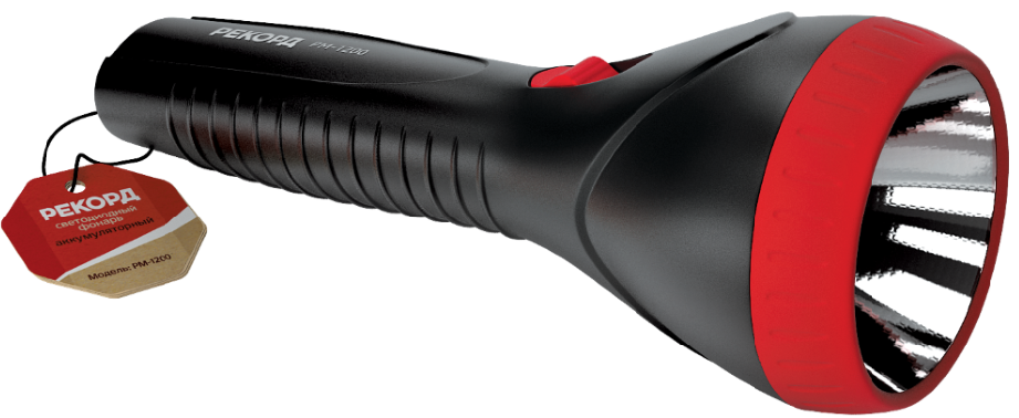 Фонарь светодиодный Рекорд PM-1200 1Вт LED, аккумулятор 4V0,8A, черный/красный
