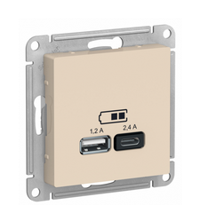 AtlasDesign Бежевый Розетка USB  A+С, 5В/2,4А, 2х5В/1,2А, механизм ATN000239