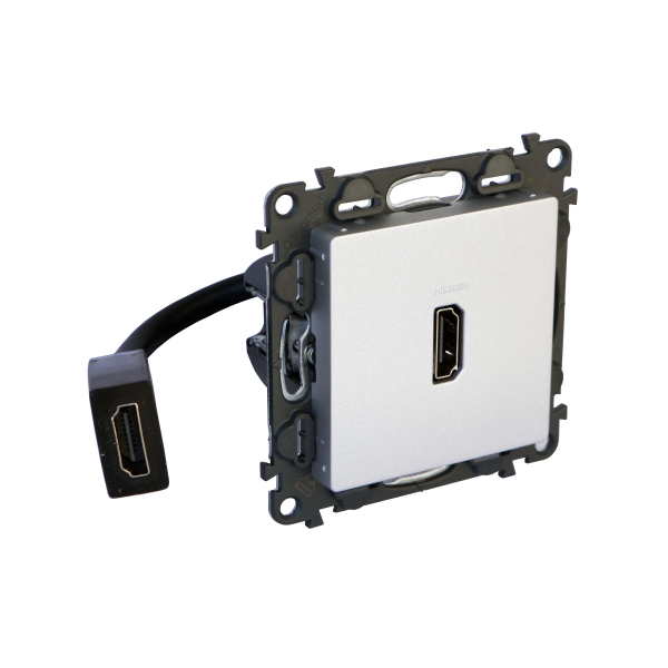 Valena LIFE. Розетка HDMI с предварительно подключенным разьемом. С лицевой панелью. Цвет Алюминий