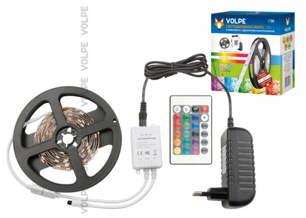 Uniel Лента  IP20  24V 24Вт ULS-Q211 5050-30LED/m-IP20-3M-RGB RRP24C24 RGB. Адаптер 24Вт. Контроллер с пультом. (1уп.-3м)