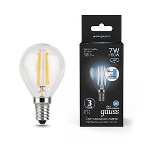 Лампа Gauss LED Filament Шар E14 7W 580lm 4100K step dimmable 1/10/50
