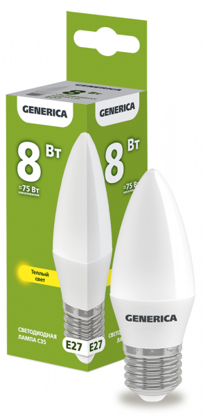 Светодиодная лампа GENERICA C35 свеча 8Вт 230В 3000К E27