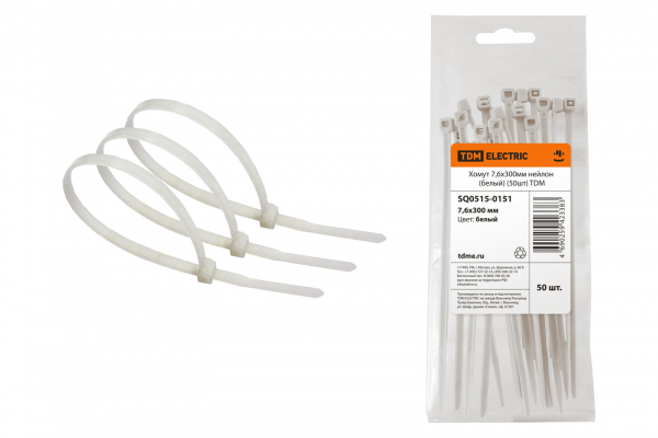 Хомут (стяжка) нейлон  7.6 х 300  белый  (50шт)  TDM SQ0515-0151