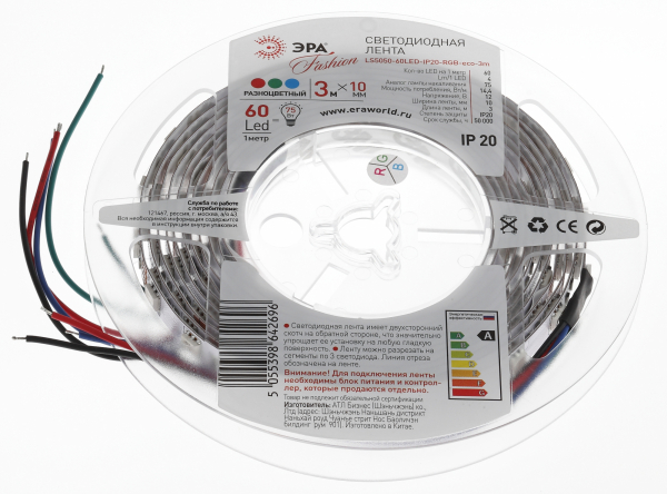 Светодиодная лента ЭРА IP20  12V  14,4Вт/м  мультиколор  LS5050-60LED--RGB-eco (1уп.-3м)